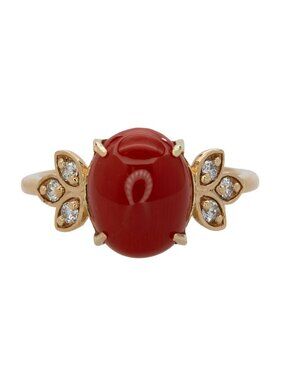 2.3ct Italian Coral Cabochon Ring with Natural Diamond Accents in Solid 14K Gold